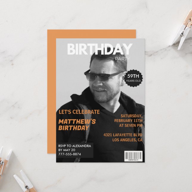 Black and white Magazine Editorial 59th birthday Invitation (Front/Back In Situ)