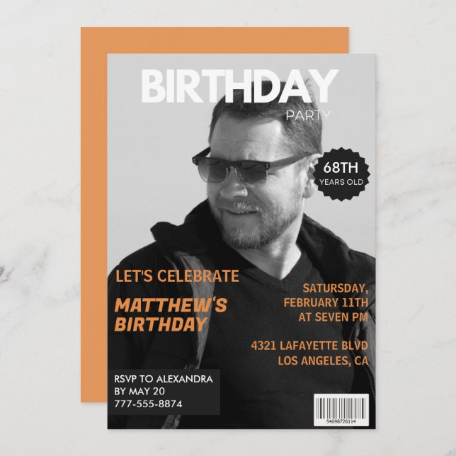 Black and white Magazine Editorial 68th birthday Invitation (Front/Back)