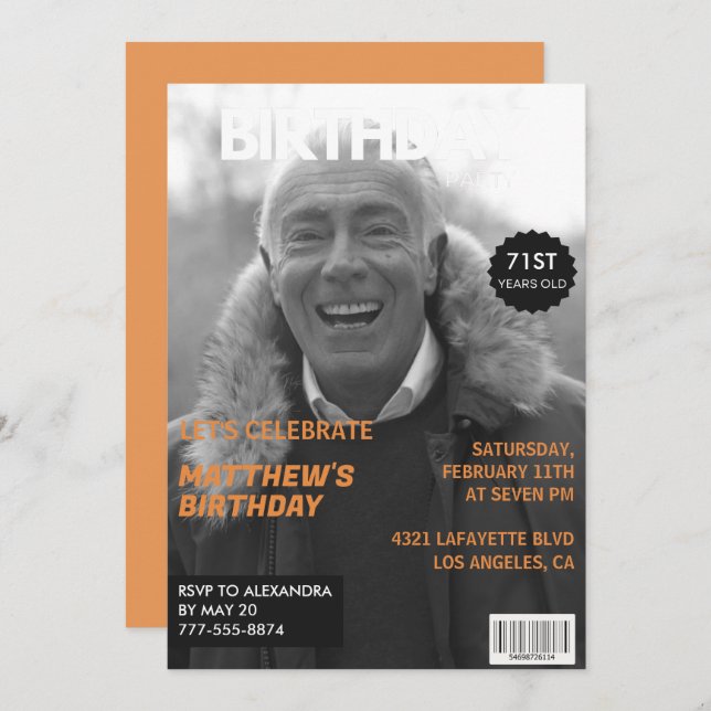 Black and white Magazine Editorial 71st birthday Invitation (Front/Back)