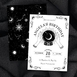 Black and white magic moon crystal ball birthday invitation