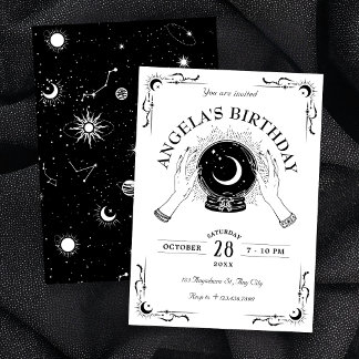 Black and white magic moon crystal ball birthday  invitation