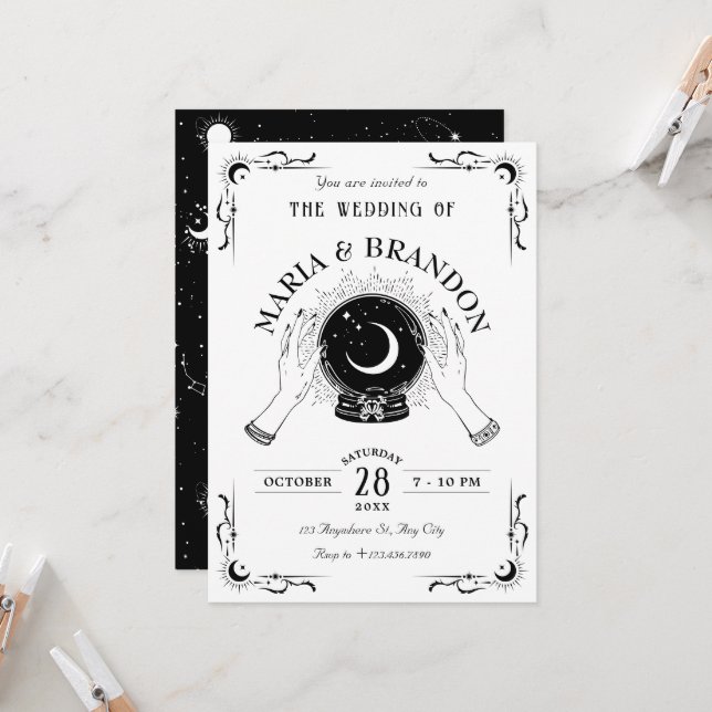 Black and white magic moon crystal ball wedding invitation (Front/Back In Situ)