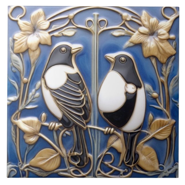 Black and white Magpie Art Nouveau Art Deco Birds Ceramic Tile (Front)