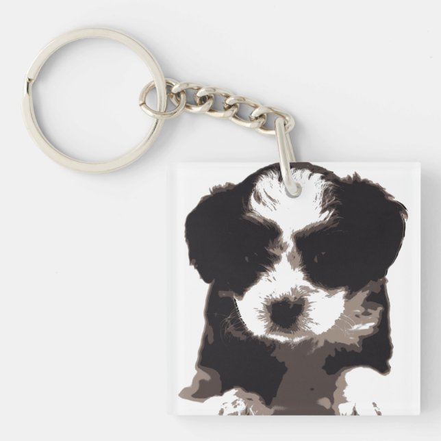 Black and White Maltese Puppy Dog Key Ring (Front)