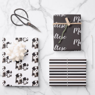 Black and White Maltese Puppy Dog Wrapping Paper Sheet