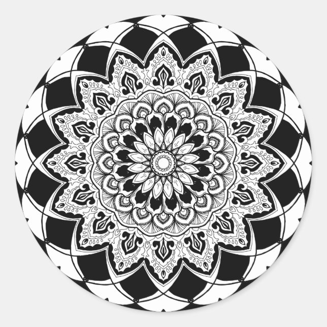 Black and White Mandala Classic Round Sticker (Front)
