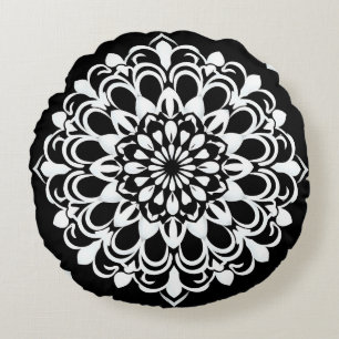 Black and White Mandala Design Round Cushion