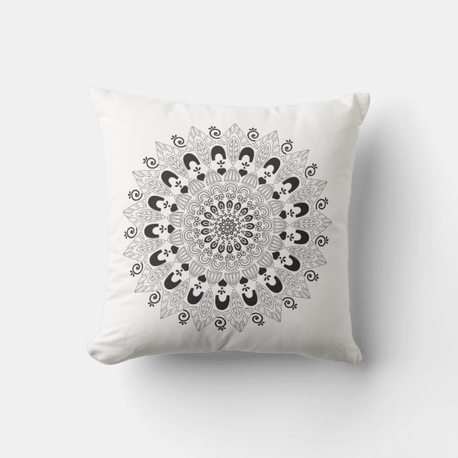 Black and White Mandala Flower Design Throw Pillow (Front)