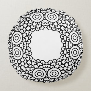 Black and White Mandala Frame Pattern Round Cushion