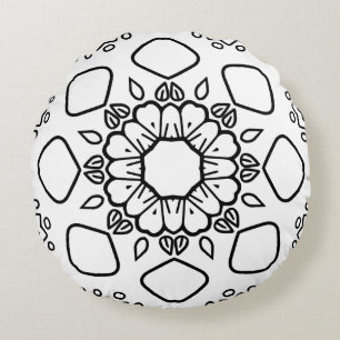Black and White Mandala Frame Pattern Round Cushion