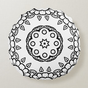 Black and White Mandala Frame Pattern Round Cushion