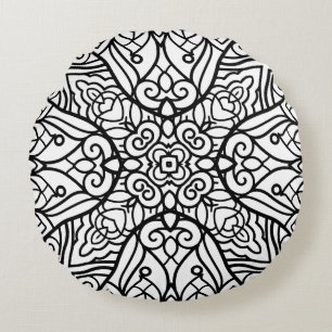 Black and White Mandala Frame Pattern Round Cushion