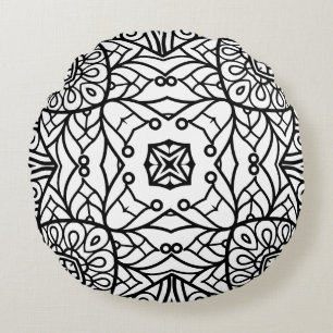 Black and White Mandala Frame Pattern Round Cushion