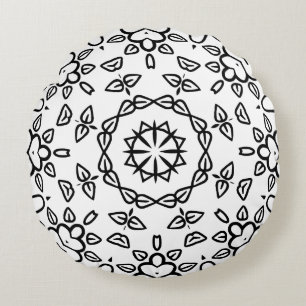 Black and White Mandala Frame Pattern Round Cushion