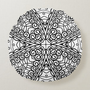Black and White Mandala Frame Pattern Round Cushion