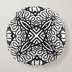 Black and White Mandala Frame Pattern Round Cushion