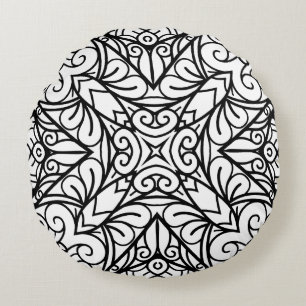 Black and White Mandala Frame Pattern Round Cushion