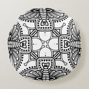Black and White Mandala Frame Pattern Round Cushion