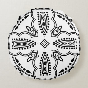 Black and White Mandala Frame Pattern Round Cushion