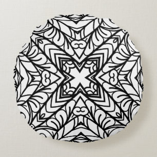 Black and White Mandala Frame Pattern Round Cushion