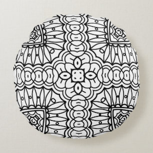 Black and White Mandala Frame Pattern Round Cushion