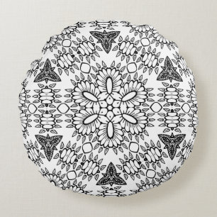 Black and White Mandala Frame Pattern Round Cushion