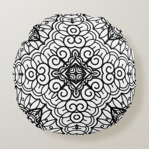 Black and White Mandala Frame Pattern Round Cushion