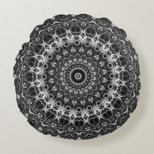 Black and White Mandala Geometric Design Round Cushion