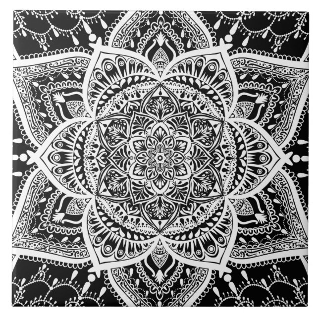 Black and White Mandala - Loergann in Raven Ceramic Tile (Front)