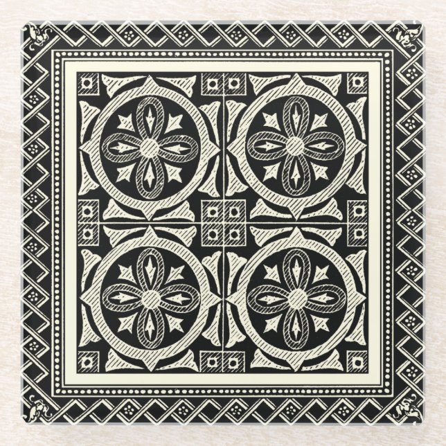 Black and White Mandala Motif by Vision Studio Glass Coaster (Front)