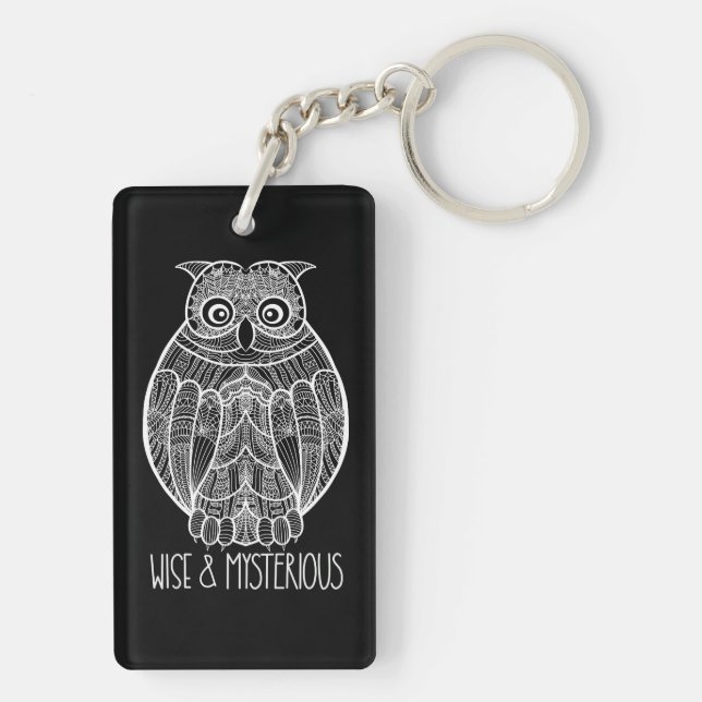 Black and White Mandala Owl Illustration with Text Key Ring (Back)