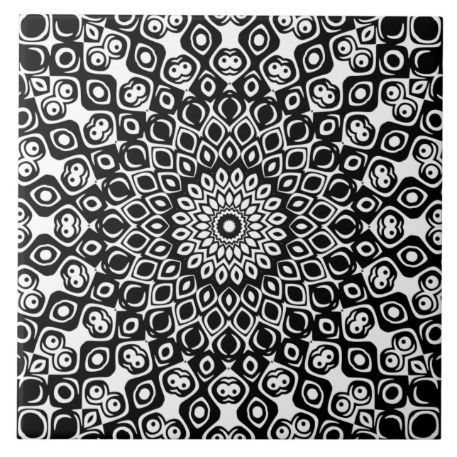 Black and White Mandala Pattern Ceramic Tile (Front)