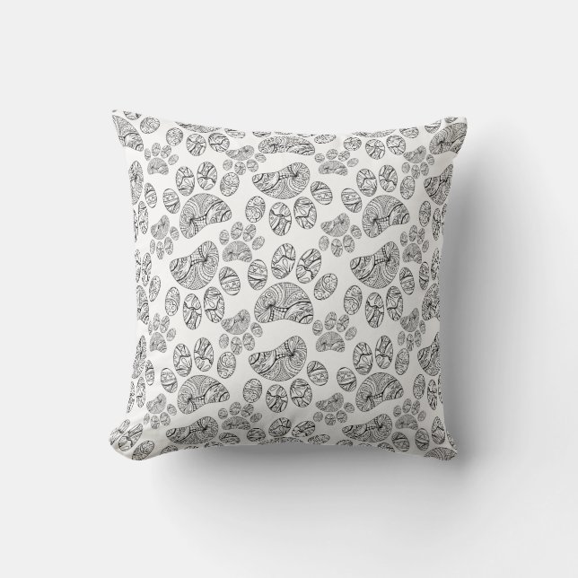 Black and White Mandala Paw Print Pattern Cushion (Front)