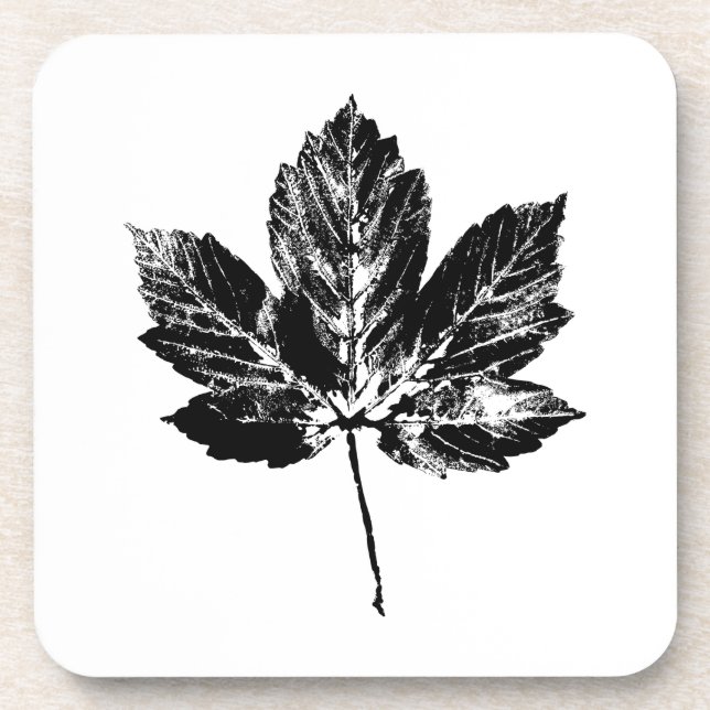 Black and White Maple Leaf Print Coaster (Front)