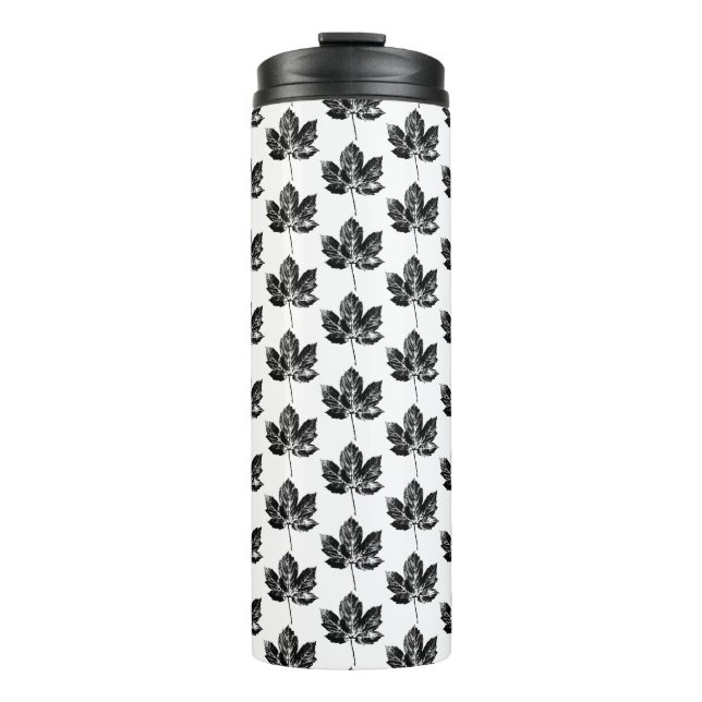Black and White Maple Leaf Print Pattern Thermal Tumbler (Front)