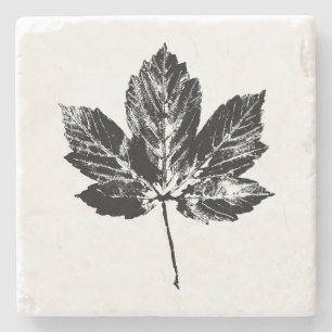 Black and White Maple Leaf Print Stone Coaster