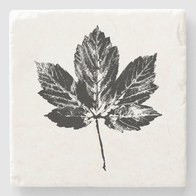 Black and White Maple Leaf Print Stone Coaster (Front)