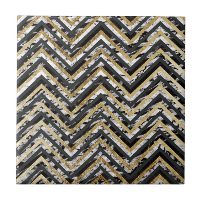 Black and White Marble and Gold Chevron Zigzag Tile (Front)