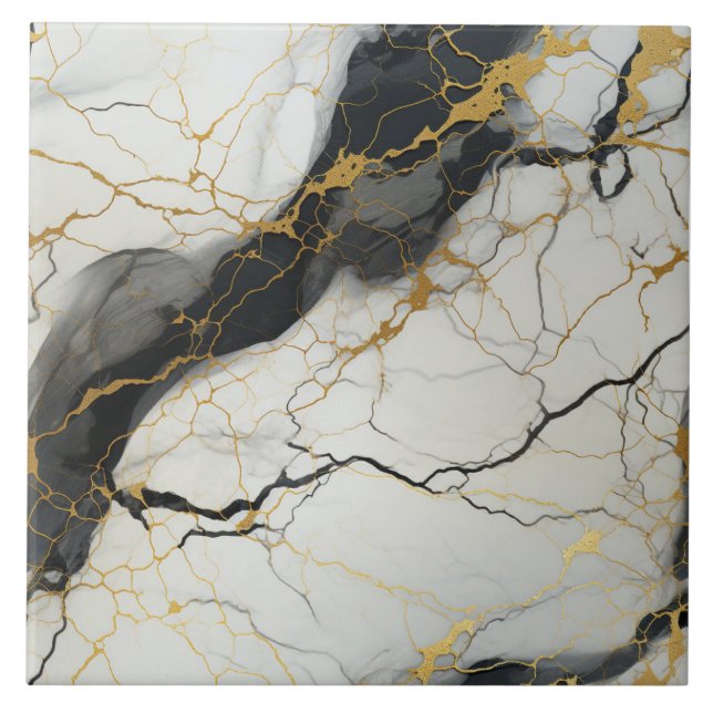 Black and White Marble Background with Gold Ceramic Tile (Front)