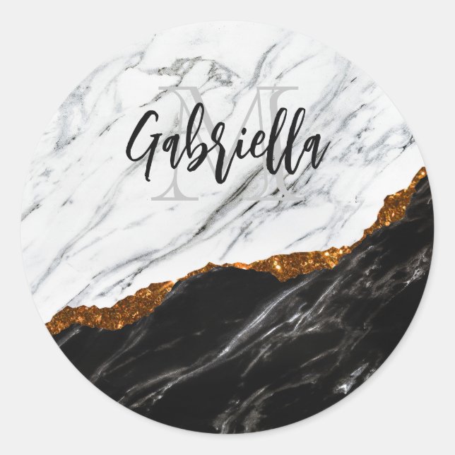 Black and White Marble Classic Round Sticker (Front)
