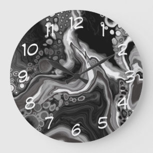 Black and White Marble Digital Fluid Art     Large Clock