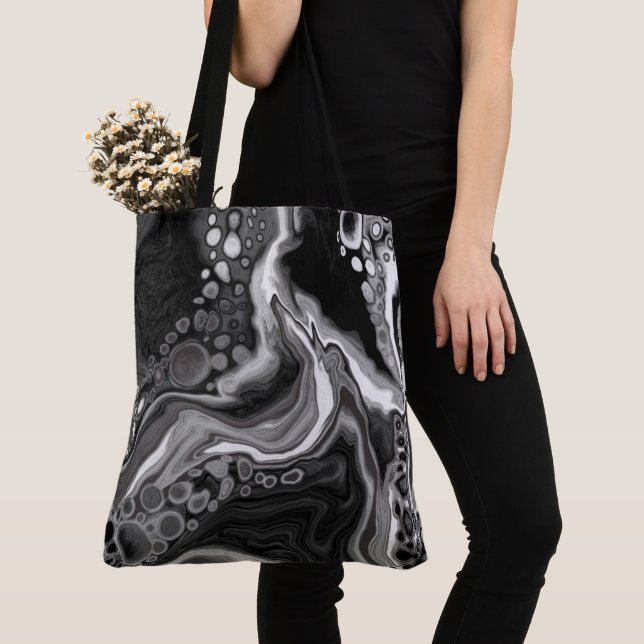 Black and White Marble Fluid Art Tote Bag (Close Up)
