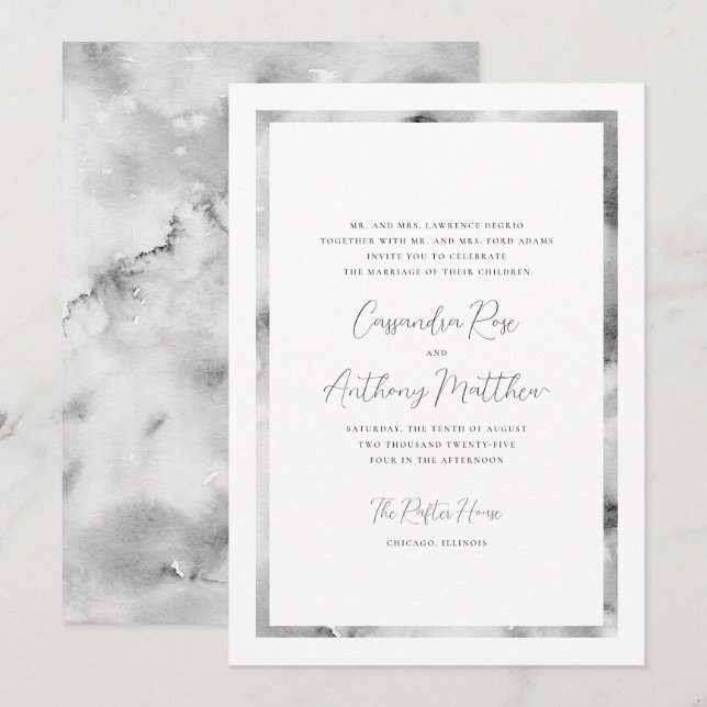 Black and White Marble Frame Formal Script Wedding Invitation (Front/Back)