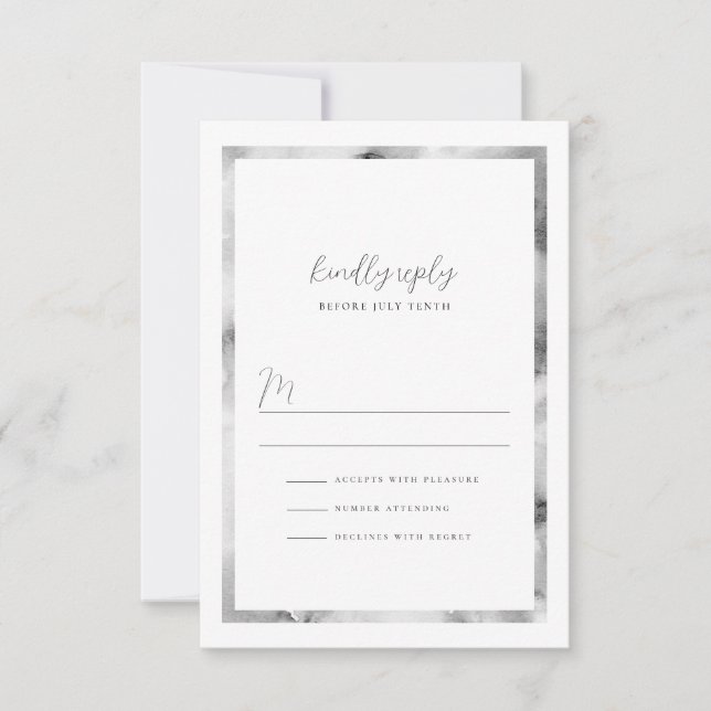 Black and White Marble Frame Formal Script Wedding RSVP Card (Front)