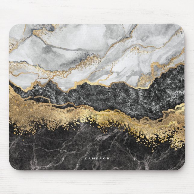Black and White Marble Gold Foil Monogram Mouse Pad (Front)