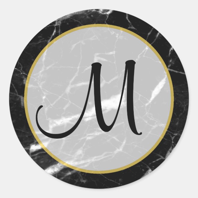 Black and White Marble Gold Monogrammed Classic Round Sticker (Front)
