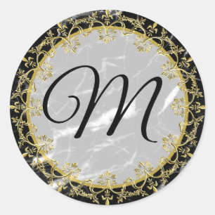 Black and White Marble Gold Monogrammed Classic Round Sticker