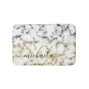 Black and white marble gold sparkle Custom name Bath Mat