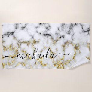 Black and white marble gold sparkle Custom name Beach Towel