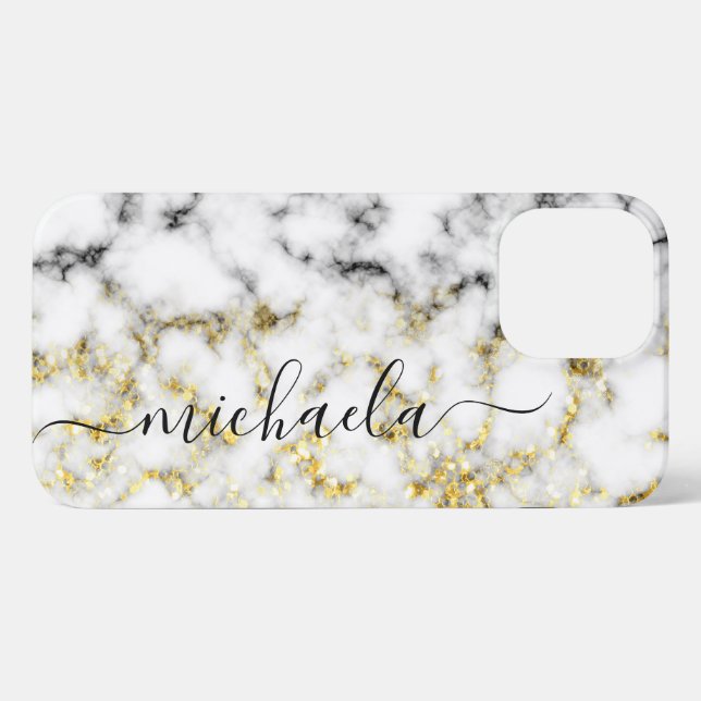 Black and white marble gold sparkle Custom name iPhone Case (Back Horizontal)